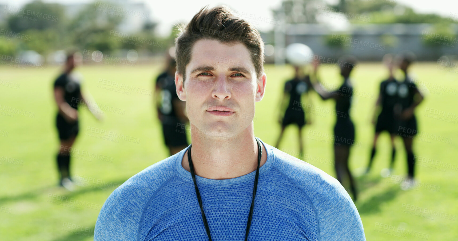 Buy stock photo Rugby, pride or coach on field with portrait, about us or confidence in weekend training. Serious, satisfaction or man outdoor with collision sport, ambition or career growth as fitness instructor.