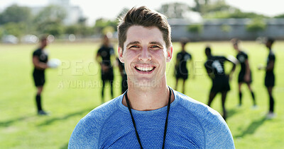 Buy stock photo Rugby, smile or coach on field with portrait, about us or confidence in weekend training. Happy, satisfaction or man outdoor with collision sport, ambition or career pride as fitness instructor.