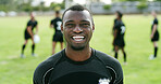 Rugby, smile or man on field with portrait, fitness hobby or confidence in weekend practice. Happy, satisfaction or player with optimism, athlete ambition or training session in collision sport.