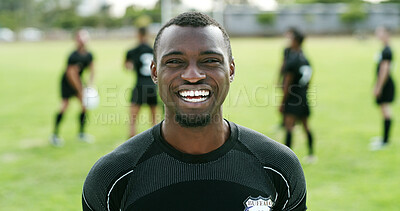 Buy stock photo Rugby, smile or man on field with portrait, fitness hobby or confidence in weekend practice. Happy, satisfaction or player with optimism, athlete ambition or training session in collision sport.