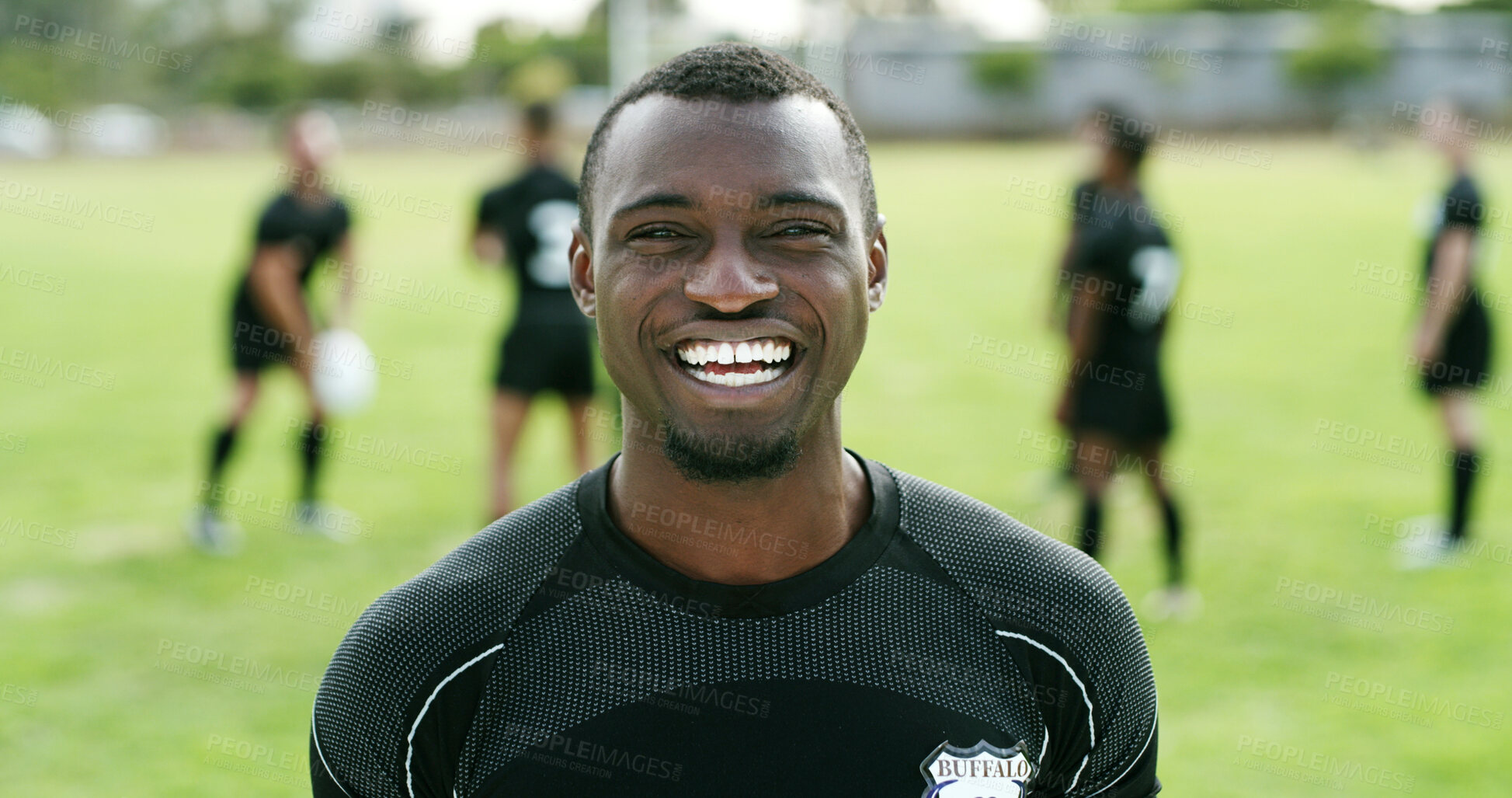 Buy stock photo Rugby, smile or man on field with portrait, fitness hobby or confidence in weekend practice. Happy, satisfaction or player with optimism, athlete ambition or training session in collision sport.