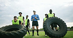 Workout, coach and people with tire on field, strength challenge and training for sport competition. Coaching, trainer or rugby team with exercise for muscle development, active or weightlifting