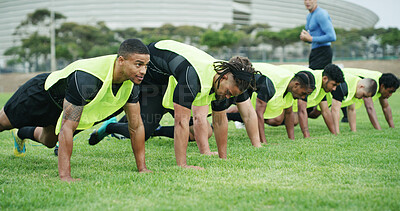 Buy stock photo Men, coach and exercise with team for sport, game preparation or training together on grass field. Active, male people or manager with group of athletes or players in mountain climber for practice