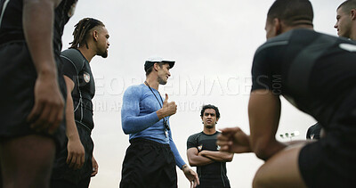 Buy stock photo Rugby, team and conversation outdoor with coach, explain strategy or advice for tournament practice. Low angle, sports manager and people with game plan, tactical discussion or instructions for match
