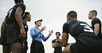 Man, coach and meeting with team for sport strategy, gameplan idea or formation together. Active, male person or manager talking with group of athletic players for rugby match or game preparation
