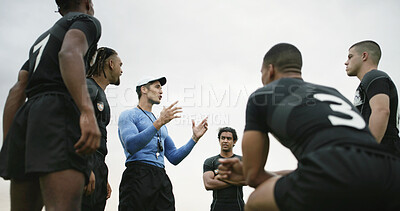 Buy stock photo Man, coach and meeting with team for sport strategy, gameplan idea or formation together. Low angle, male person or manager talking with group of athletic players for rugby match or game preparation