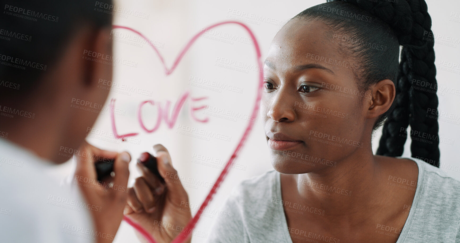 Buy stock photo Love, mirror and black woman with lipstick for writing in home with affirmations and self care in morning. Heart, drawing and female person with makeup note for motivational message in house.