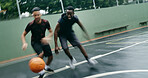 Basketball, game and men with fitness, sports and training for wellness, progress and challenge. Outdoor, people and players with practice for health benefits, technique and cardio for competition