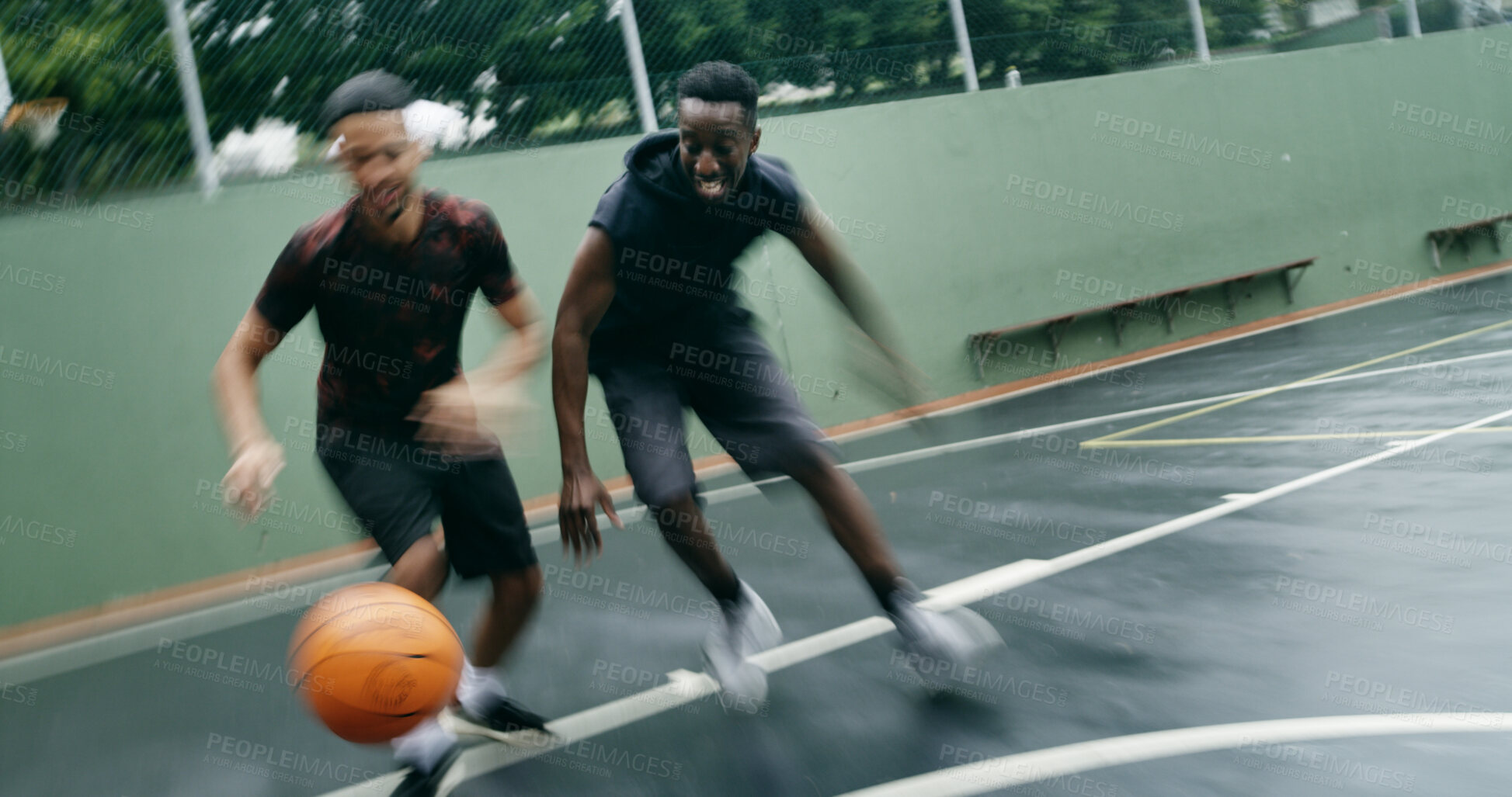 Buy stock photo Basketball, game and men with fitness, sports and training for wellness, progress and challenge. Outdoor, people and players with practice for health benefits, technique and cardio for competition