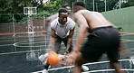 Basketball, game and men with fitness, motion and training for wellness, progress and energy. Outdoor, people and players with practice for health benefits, technique and tournament for competition