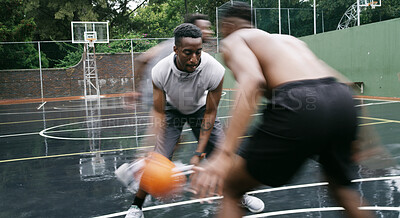 Buy stock photo Basketball, game and men with fitness, motion blur and training for wellness, progress and energy. Outdoor, people and players with practice for health benefits, technique and tournament on court