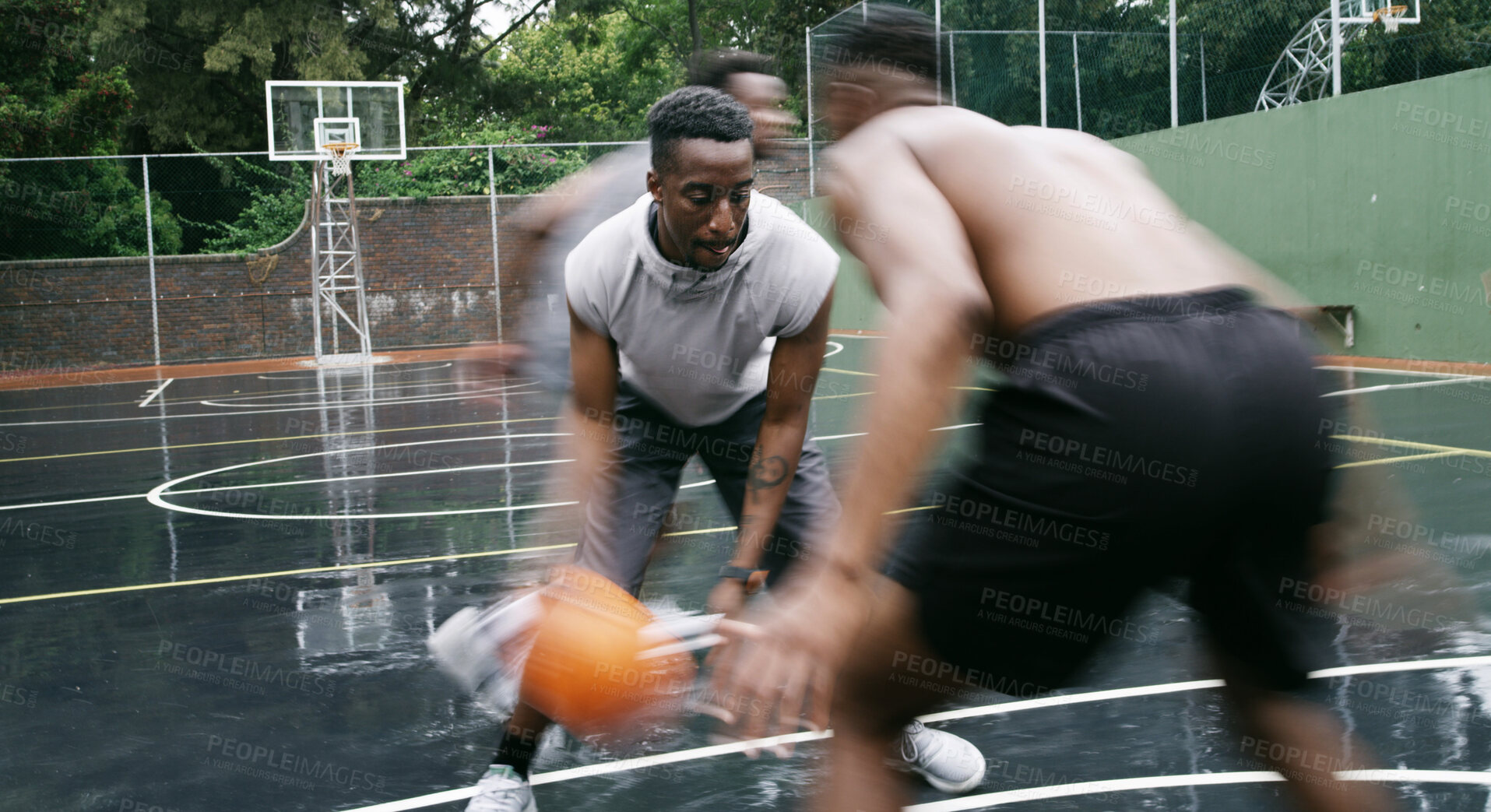 Buy stock photo Basketball, game and men with fitness, motion blur and training for wellness, progress and energy. Outdoor, people and players with practice for health benefits, technique and tournament on court