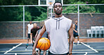 Portrait, man and training with basketball on court, exercise and practice with tournament. Hobby, person and sports match with positive attitude, challenge and skill development for competition