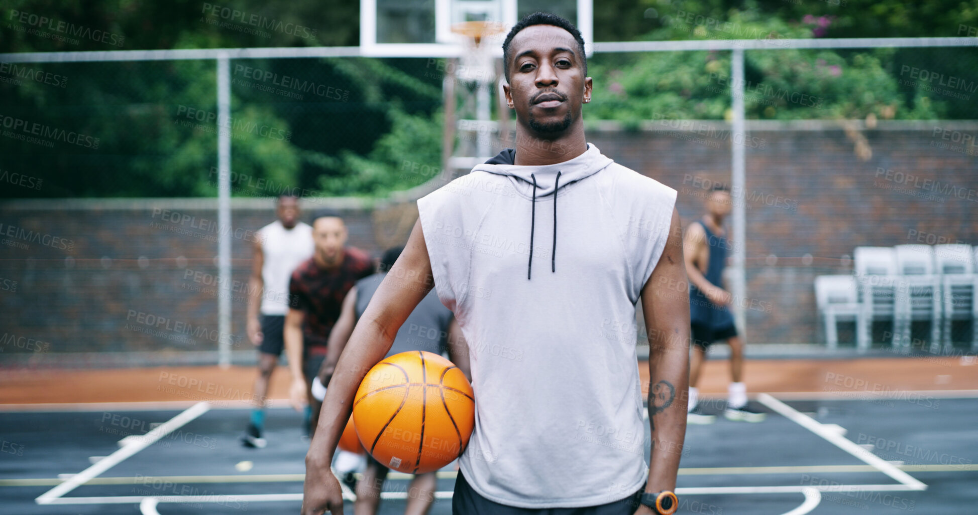 Buy stock photo Portrait, man and training with basketball on court, exercise and practice with tournament. Hobby, person and sports match with positive attitude, challenge and skill development for competition