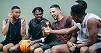 Fitness, laugh or friends on basketball court with phone, sports highlights or comic post on social media. Happy, digital and people outdoor with ball, trick shots or meme reaction on training break.