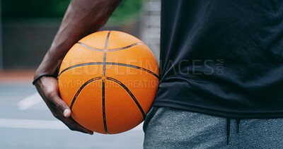 Buy stock photo Basketball, court and hands of man with ball ready for match, tournament and playing game. Sports, athlete and person with equipment for exercise, training and practice for active hobby outdoor