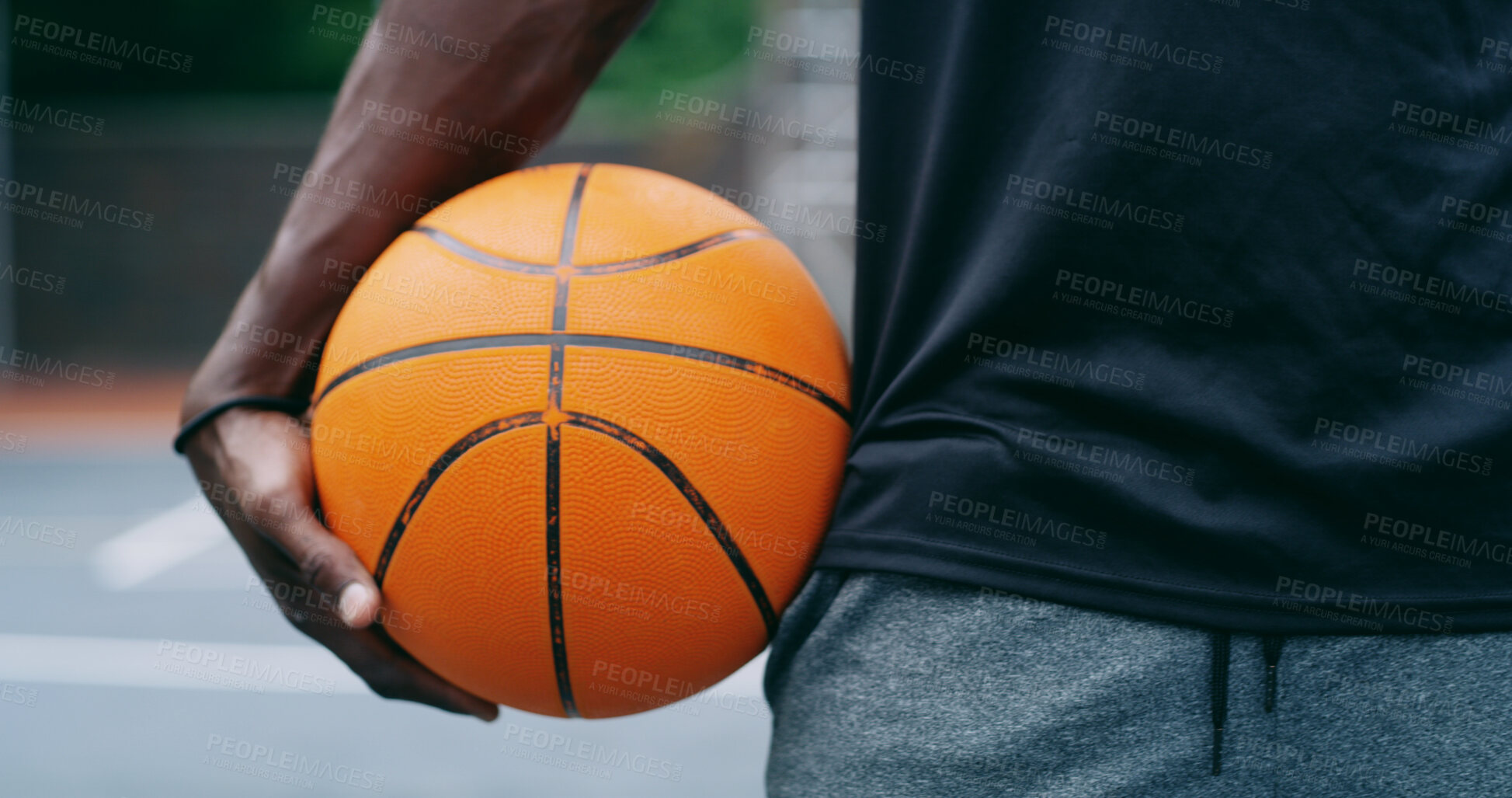 Buy stock photo Basketball, court and hands of man with ball ready for match, tournament and playing game. Sports, athlete and person with equipment for exercise, training and practice for active hobby outdoor
