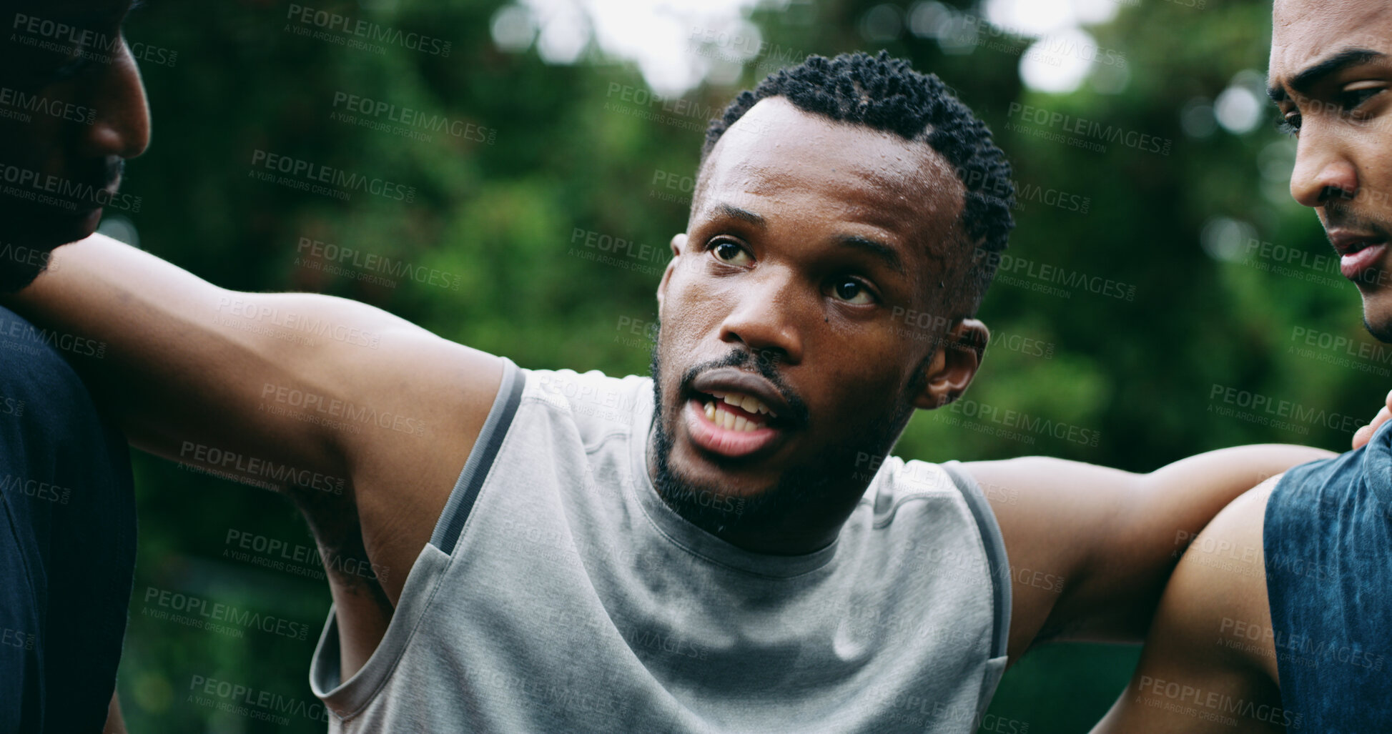 Buy stock photo Basketball, team and huddle with men outdoor for game strategy, support and discussion with captain. Sports, group and talking for planning at match for motivation, mission or fitness with leader