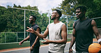 Happy, friends and conversation on basketball court with fitness, training tips and bonding together. Black people, smile and talk outdoor with sports equipment, practice and exercise for wellness.