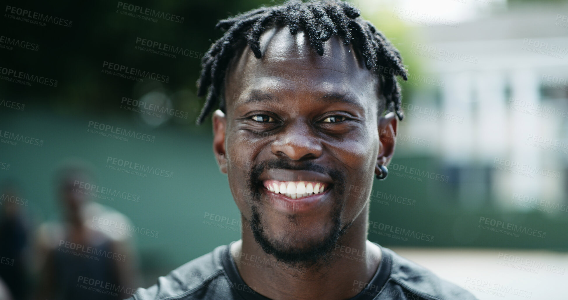 Buy stock photo Fitness, black man and portrait in city with smile, challenge or practice with wellness routine. Happiness, athlete and African person with cardio workout for health benefits, exercise and training