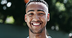 Fitness, happy and man outdoor with portrait, positive attitude or workout hobby on weekend break. Optimism, bokeh or athlete in park with space, confidence and good mood in training activity.