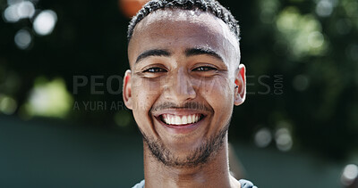 Buy stock photo Fitness, happy and man outdoor with portrait, positive attitude or workout hobby on weekend break. Optimism, bokeh or athlete in park with space, confidence and good mood in training activity.
