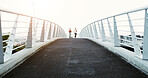 Bridge, fitness and running with women in city together for cardio, training or workout. Breathing, pace and space with runner friends outdoor in urban town for health, physical activity or wellness