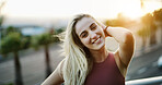 Fitness, flare and smile with woman on street for commitment or dedication to health and wellness. Cardio, happy and portrait of sports person in urban city for physical activity or vitality