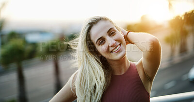 Buy stock photo Fitness, flare and smile with woman on street for commitment or dedication to health and wellness. Cardio, happy and portrait of sports person in urban city for physical activity or vitality