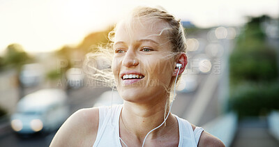 Buy stock photo Woman, thinking and fitness with earphones in city, wellness or listening to music with subscription. Outdoor, athlete and happy person with health goals, reflection and streaming audio on bridge