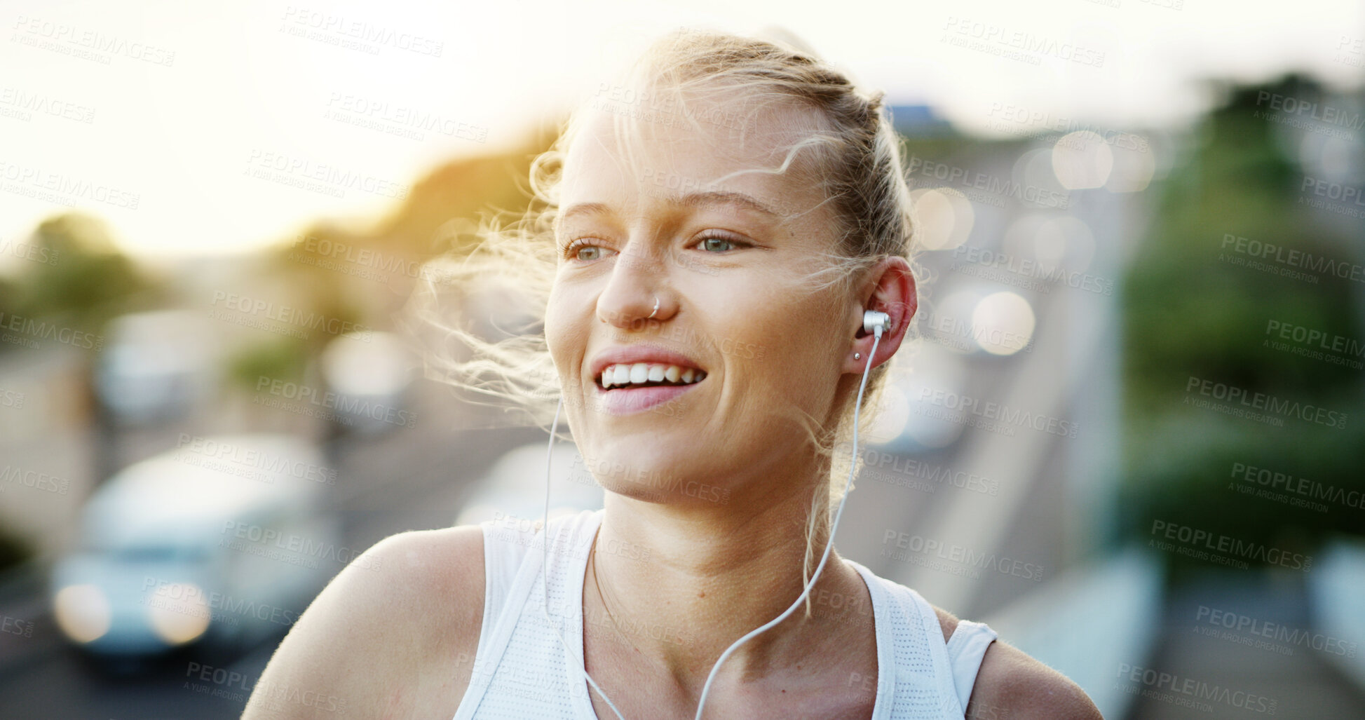Buy stock photo Woman, thinking and fitness with earphones in city, wellness or listening to music with subscription. Outdoor, athlete and happy person with health goals, reflection and streaming audio on bridge