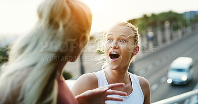 Buy stock photo Surprise, fitness and women in city for talking, sports story and communication with friends on break. Outdoor, shock and runners with conversation for exercise, wow and share gossip at bridge