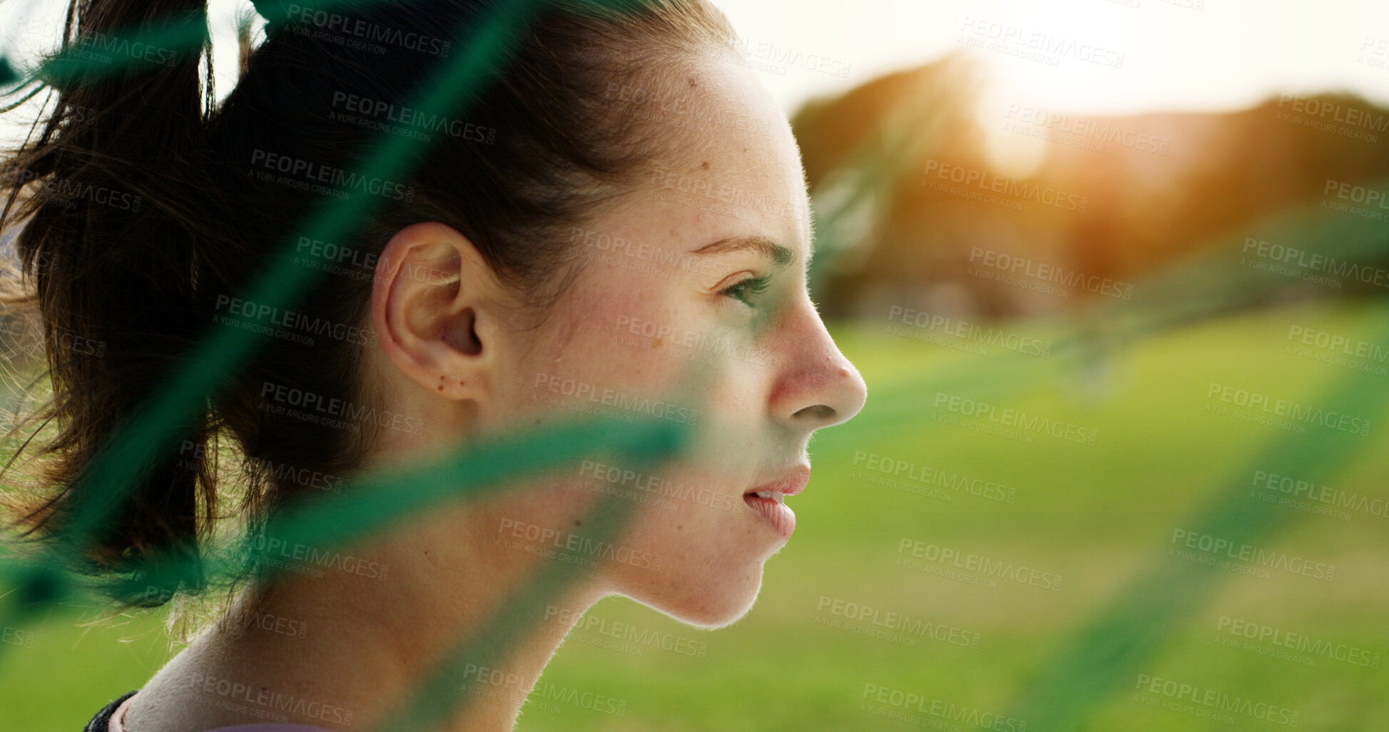 Buy stock photo Soccer, woman and thinking on field with fitness, game plan and athlete contemplating for practice. Bokeh, person and football player outdoor by net with vision, training and idea for sports tactics.