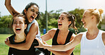 Celebration, shouting and victory with sports women outdoor together for game or match. Achievement, success and winner with excited people on grass field for competition, fitness or screaming