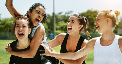 Buy stock photo Celebration, shouting and victory with sports women outdoor together for game or match. Achievement, success and winner with excited people on grass field for competition, fitness or screaming