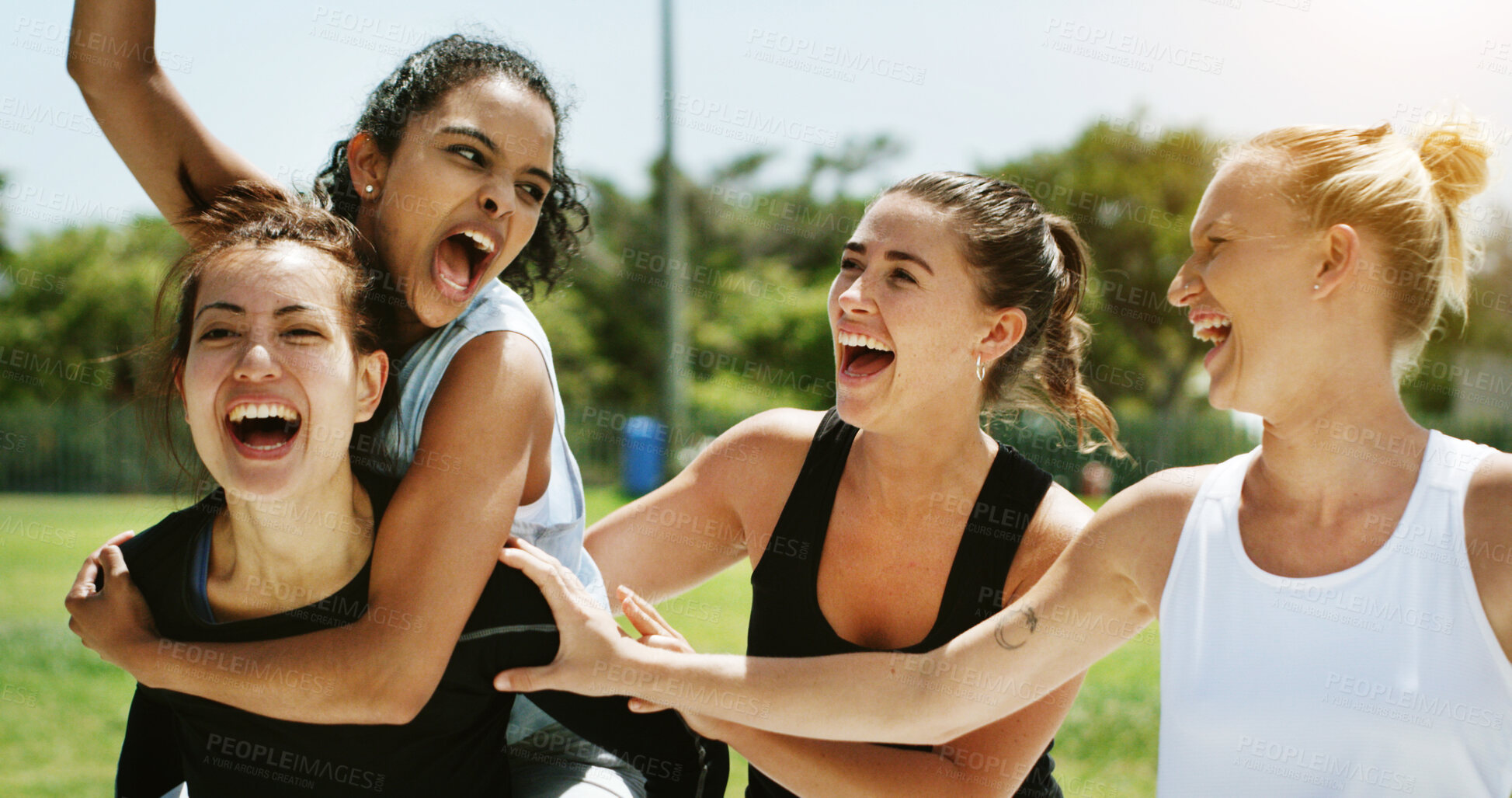 Buy stock photo Celebration, shouting and victory with sports women outdoor together for game or match. Achievement, success and winner with excited people on grass field for competition, fitness or screaming