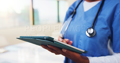 Buy stock photo Search, nurse and tablet with hands of woman in hospital for healthcare report, planning and surgery schedule. Medical review, digital records and person with tech, browsing and test results on web