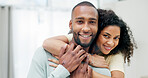 Happy couple, hug and portrait in home with love, bonding and connection with care at apartment. People, partner and smile with embrace, relationship and loyalty with holding hands in Costa Rica
