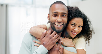 Buy stock photo Happy couple, hug and portrait in home with love, bonding and connection with care in living room. People, partnership and smile with embrace, relationship and loyalty at apartment in Costa Rica