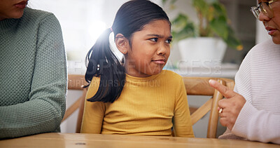 Buy stock photo Sad, child and family scolding in home for rules explanation, discipline and disobedient behavior. Strict, parent and lecture girl with grandmother, teaching consequences and warning for boundaries