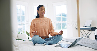Buy stock photo Laptop, meditation and woman with breathing in bedroom of home for mindfulness with online tutorial. Health, lotus position and person with yoga on computer in morning for zen, balance and wellness