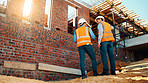 People, engineer and talking outdoor for construction, planning design and safety compliance. Men, meeting or discussion for quality assurance, building development and brainstorming for architecture