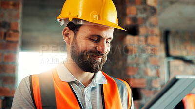 Buy stock photo Construction, reading and man on tablet for online review, evaluation and compliance report. Architecture, civil engineering and person on digital tech for infrastructure, planning and building