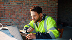 Architect, man or laptop review on construction site for digital design, report draft or planning. Architecture, person and tech on blueprint outdoor for building code, project progress or compliance