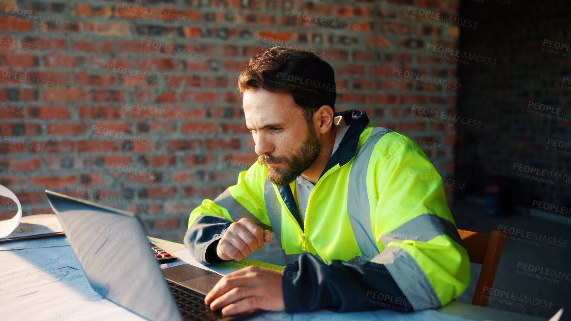 Buy stock photo Architect, man or laptop review on construction site for digital design, report draft or planning. Architecture, person and tech on blueprint outdoor for building code, project progress or compliance