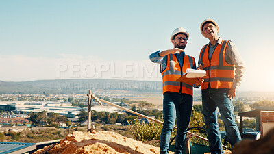Buy stock photo People, engineer and clipboard outdoor for construction, safety compliance and review blueprint. Space, team and checklist for quality assurance, building floor plan and information for architecture