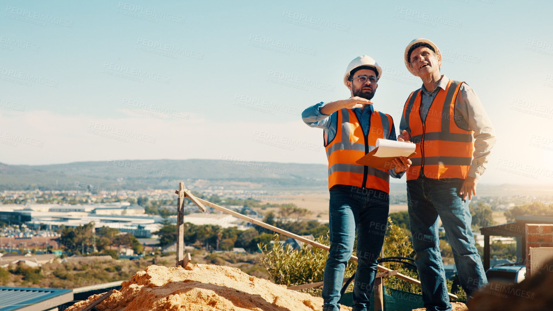 Buy stock photo People, engineer and clipboard outdoor for construction, safety compliance and review blueprint. Space, team and checklist for quality assurance, building floor plan and information for architecture