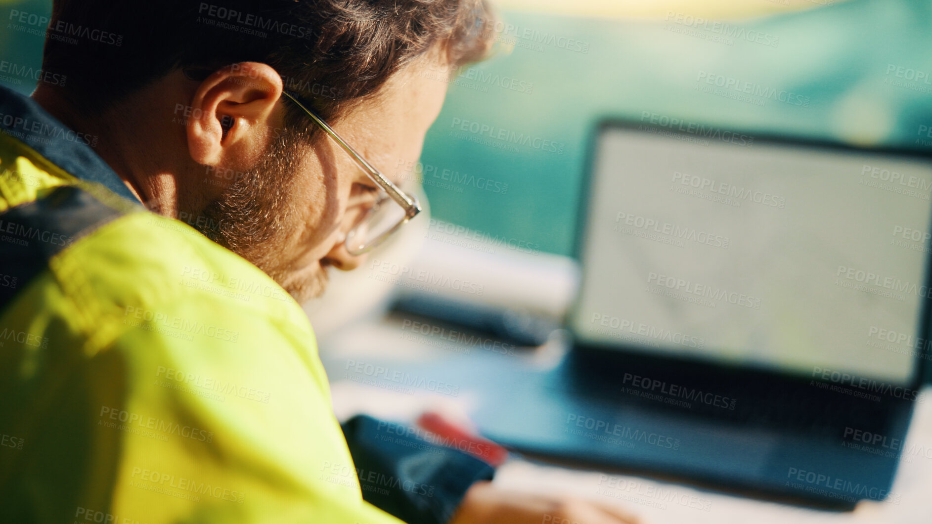 Buy stock photo Architect, online and man with laptop in construction site, research and property development on web. Civil engineer, reading and person with technology for architecture project and quality assurance