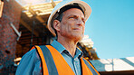Construction, thinking and man with smile on site for building progress, property vision and space. Foreman, mature person or reflection outdoor for development, quality control or project management