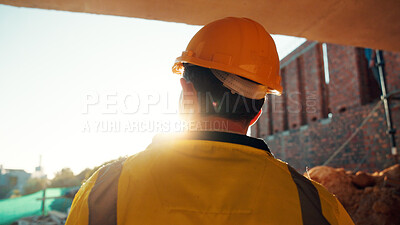 Buy stock photo Construction, thinking and man with back on site for building progress, property vision or space. Foreman, person or reflection outdoor for development, quality control or project management on flare